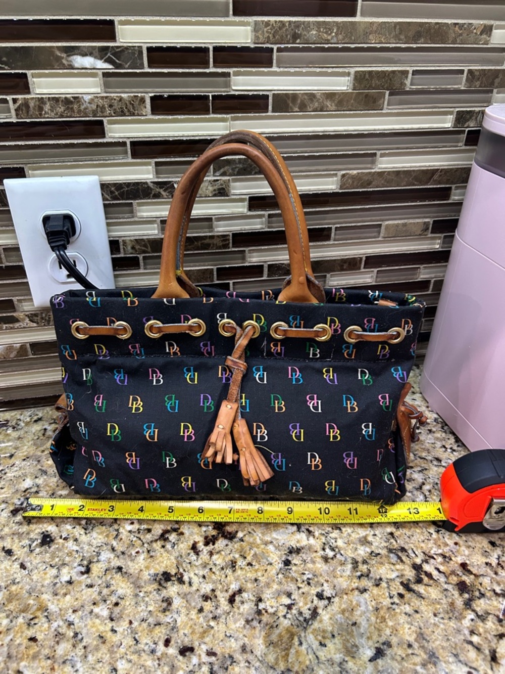 Dooney & Bourke Uncoated Black Multicolor DB Logo Tote with Tan Leather Handles